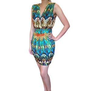 Women's Guess Mini Dress, Size 4, Low V Neckline, Bold Tapestry Style Pattern